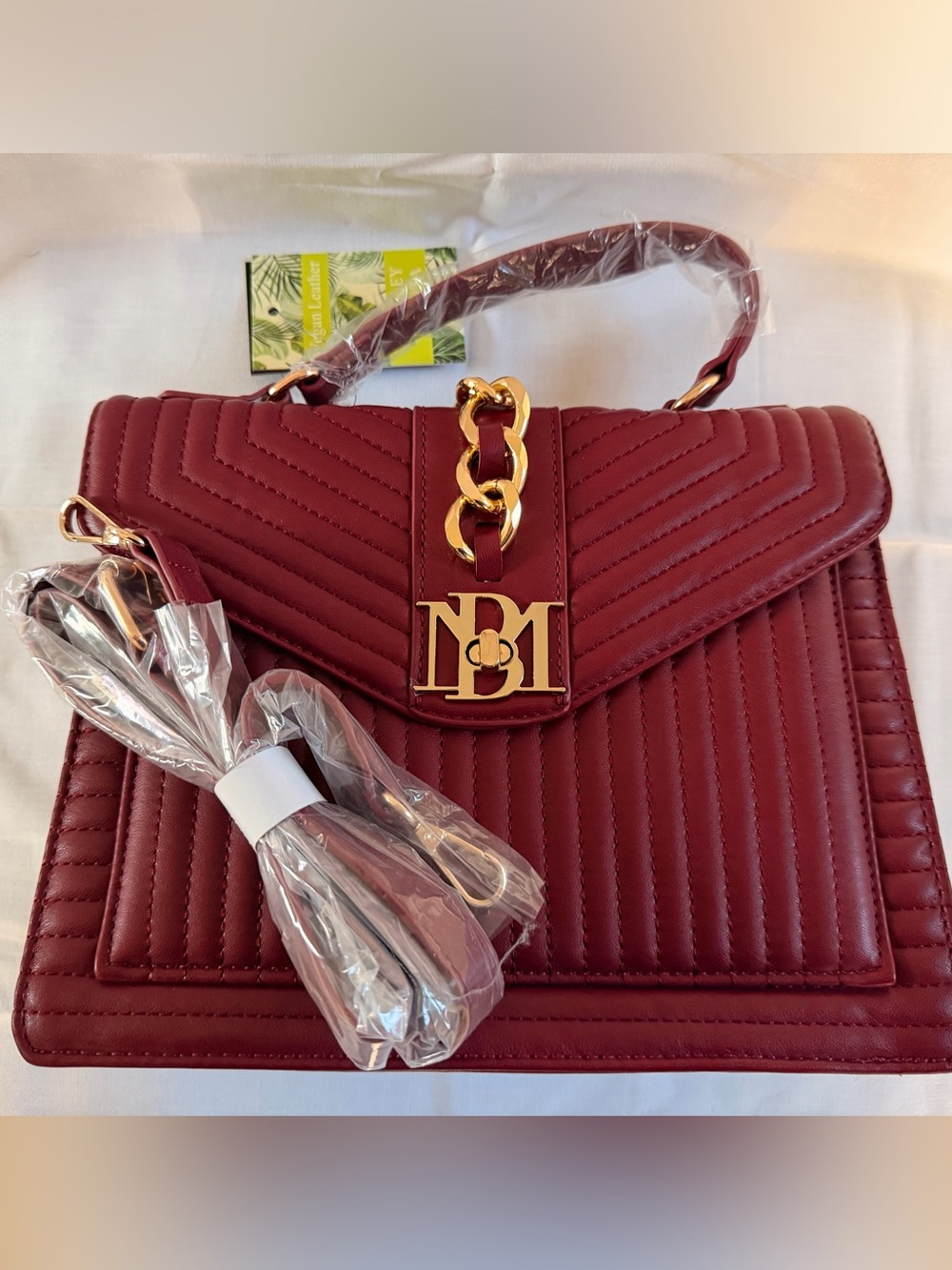 Badgley Mischka Quilted Burgundy Top-Handle Satchel with Gold Chain Accent